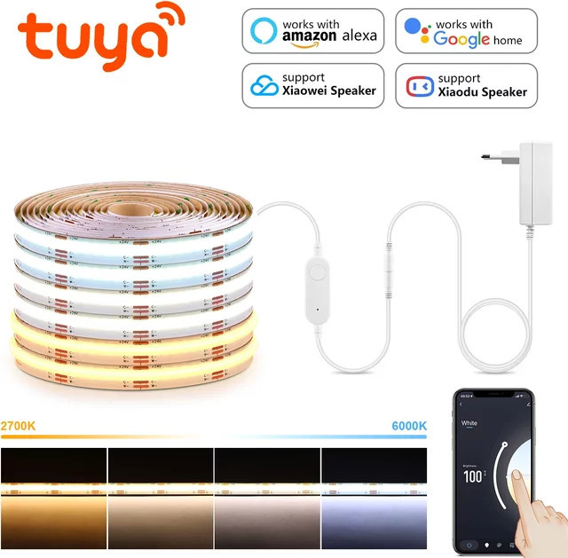 Tuya Smart COB LED Streifen DC24V mit einstellbarer Farbtemperatur 2700K-6500K, dimmbar und kompatibel mit Alexa sowie Google Home über SmartLife - Bild 1