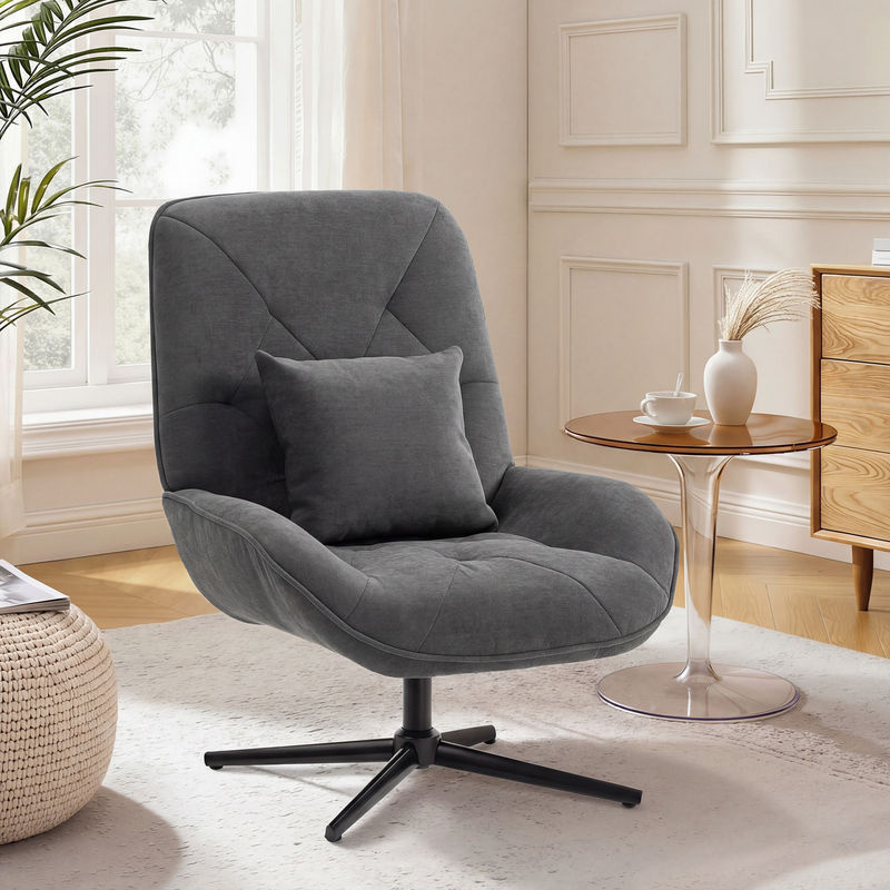 HOMCOM Drehbarer Loungesessel mit Lendenkissen in Dunkelgrau, gepolsterter Relaxsessel mit Chenille-Optik, hoher Rückenlehne und Stahlbeinen für dein Wohnzimmer oder Schlafzimmer - Bild 2