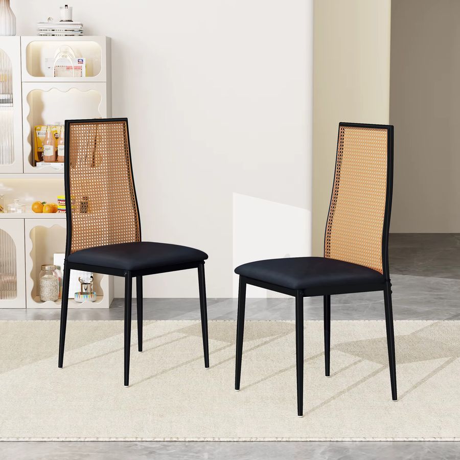 Rosahqnda Esszimmerstuhl Set mit Rattan-Rückenlehne im Vintage-Design, Schwarz/Holzfarben - Bild 1