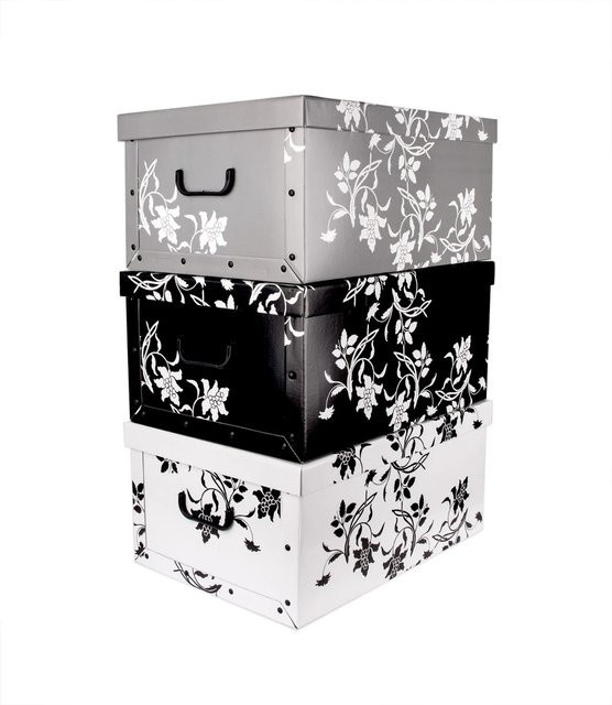 BigDean Aufbewahrungsboxen XXL 3er Set mit Deckel und Griffen aus stabiler Pappe im Barock Blumenmuster, Multicolour, 45 l pro Box - Bild 1