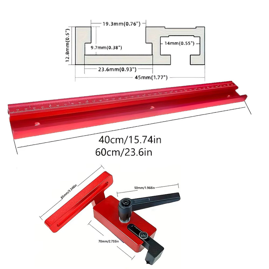 Set aus 45 Typ T-Track Holzbearbeitungsrutschen mit präziser Skala in Metrisch und Zoll sowie Limiter in Rot - Bild 2