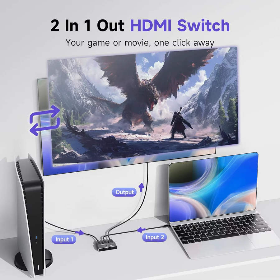 Konsenda Bidirektionaler HDMI 2.1 Switcher 2 in 1 Out, 8K@60Hz und 4K@120Hz, 48Gbps, Schwarz, mit Fernbedienung für Laptop, PC, Xbox und PS5 - Bild 2