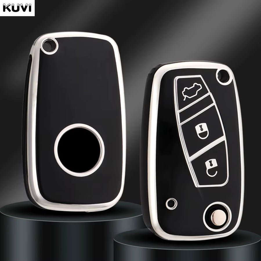 Kuvi TPU Auto Flip Schlüsselhülle in Schwarz für FIAT Panda Stilo Punto Doblo Grande Bravo 500 Ducato Minibus - Bild 2