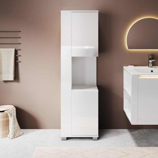 SONNI Badezimmerschrank in Weiß mit Touch-LED-Beleuchtung, Unterschrank mit 2 Türen, verstellbaren Einlegeböden und offenem Fach - Bild 1