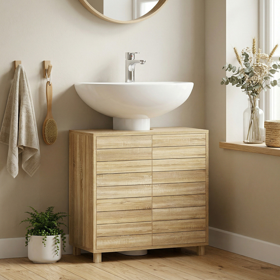 HOMCOM Waschbeckenunterschrank in Natur mit Lamellentüren und verstellbarem Regal, B/T/H: 60 x 30 x 60 cm - Bild 2