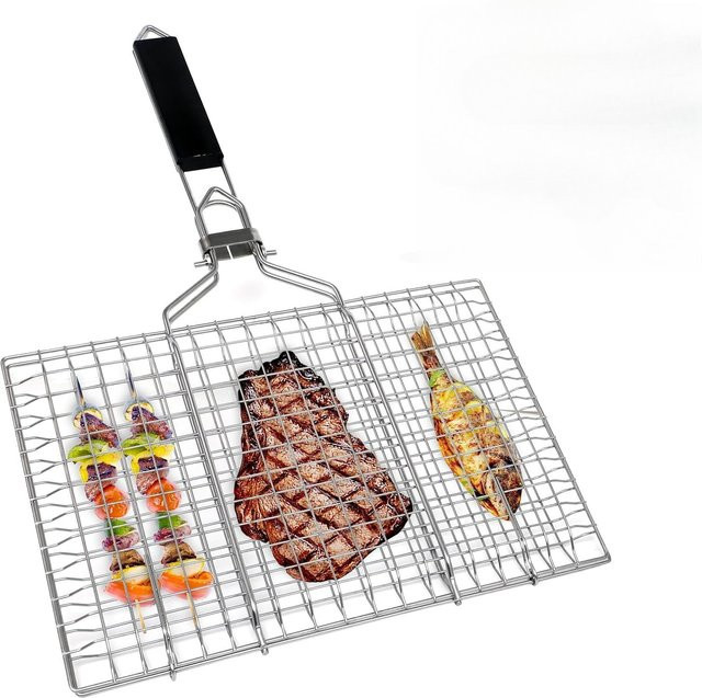FEB.WIND Tragbarer Outdoor-Camping-Grillständer aus Edelstahl in Silber mit Grillkorb und abnehmbarem Griff - Bild 1