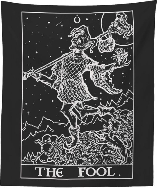 VIKAMA Fool Tarot Wandteppich Court Clown in Schwarz-Weiß – Gothic Wandbehang für deine Halloween Dekoration - Bild 1