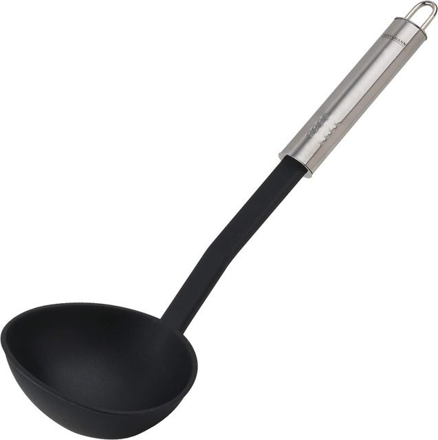 Fackelmann Schöpflöffel mit Ovalgriff in Schwarz und Silber, hitzebeständig und spülmaschinenfest, Länge: 30 cm - Bild 1