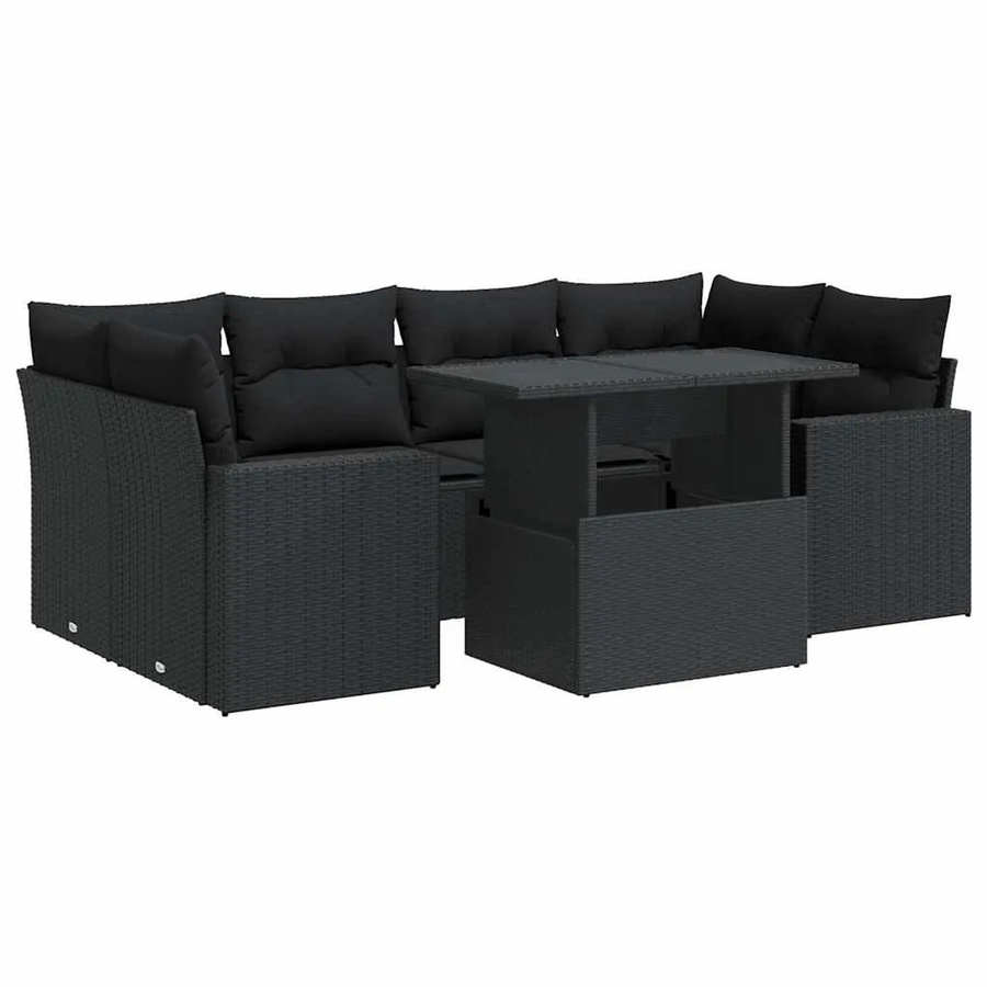 vidaXL 7-teilige Garten-Sofagarnitur in L-Form aus schwarzem Poly-Rattan mit wetterfesten Kissen und pulverbeschichtetem Stahlgestell - Bild 2