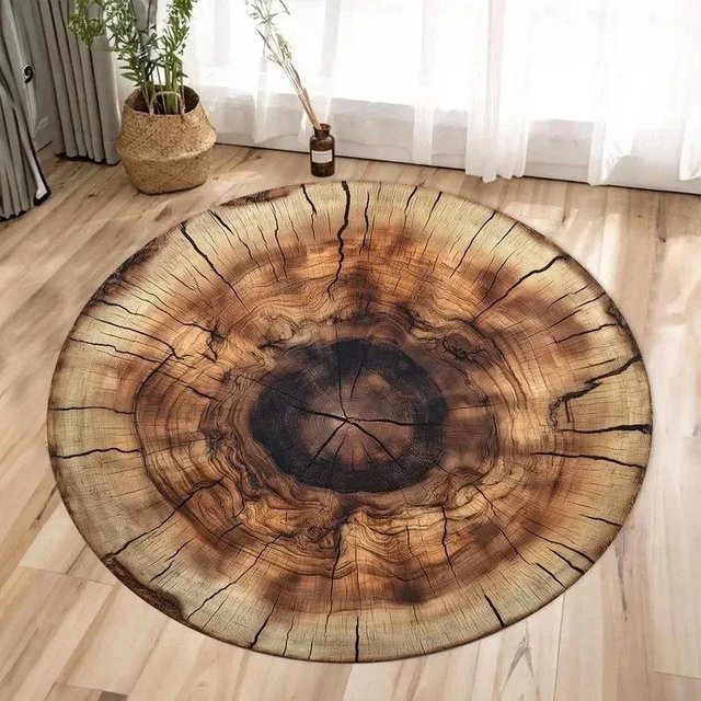 Runder Teppich mit Baumringmuster in Beige von ZbrFive, Durchmesser: 60 cm - Bild 1