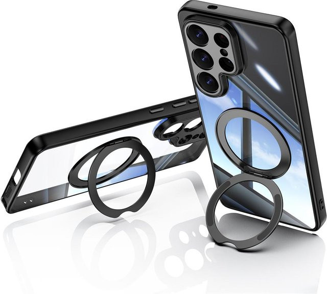 Transparente magnetische Handyhülle für Samsung Galaxy S26 Ultra und S26 Plus mit 360 Grad drehbarem Magnetständer und Metall-Linsenschutz aus Acryl - Bild 1