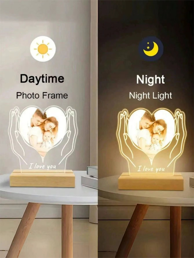 Personalisiertes LED-Nachtlicht mit Herzschild aus Acryl und Holzrahmen, warmweißes Tischlicht für das Kinderzimmer mit USB-Anschluss, Höhe: 18,0 cm, Breite: 16,0 cm - Bild 4