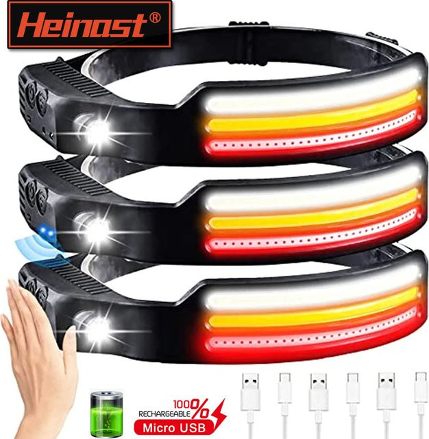 Heinast IR-Bewegungsmelder-Stirnlampe mit USB-Ladefunktion, wasserdichte Stirnlampe mit 10 Modi und RGB-Licht in Weiß, Gelb und Rot - Bild 1