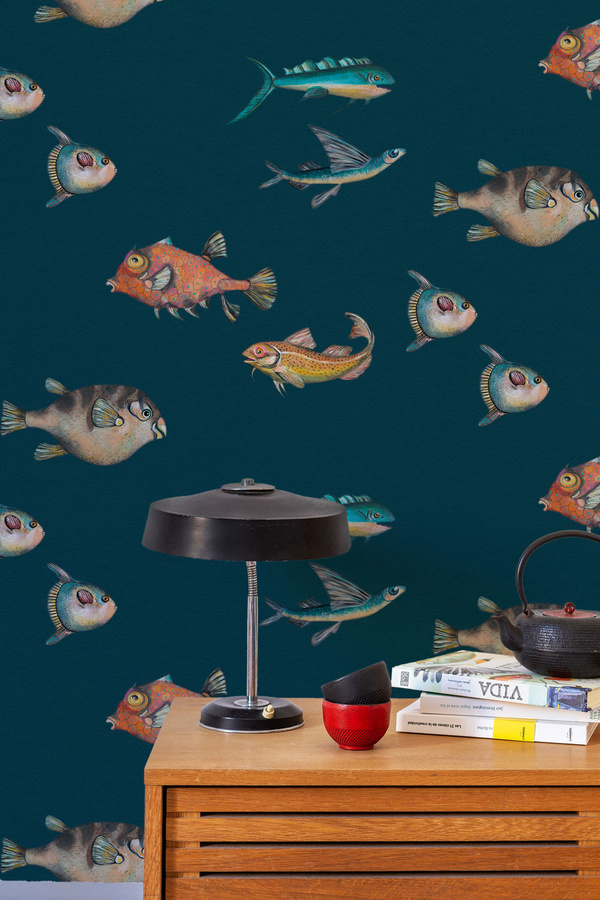 Coordonne Tapete Peces Santamans mit Fischmotiv in Türkis und Multicolor aus Vlies - Bild 1
