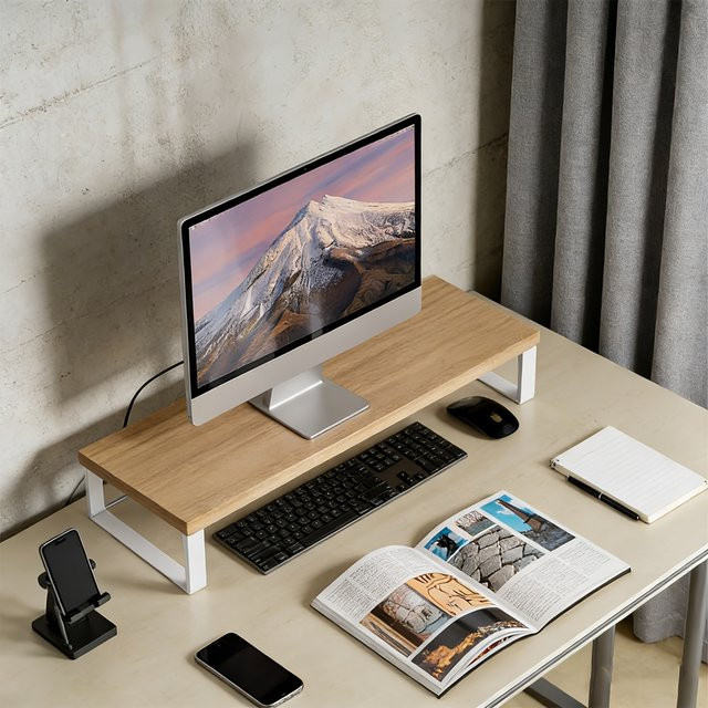 Moderner minimalistischer Monitorständer aus Holz und Metall in Braun und Weiß mit Organizer-Regal für deinen Schreibtisch - Bild 1