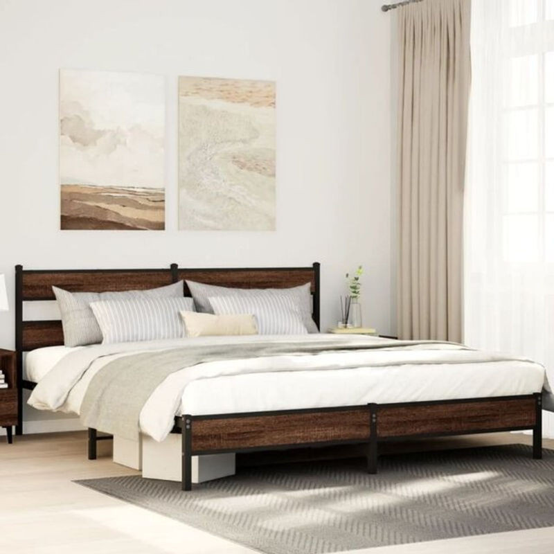 Metallbett vidaxl in Braun mit Eichen-Optik im Industrial-Stil aus Metall und Holzwerkstoff B/T/H: 193 x 203 x 91,5 cm - Bild 1