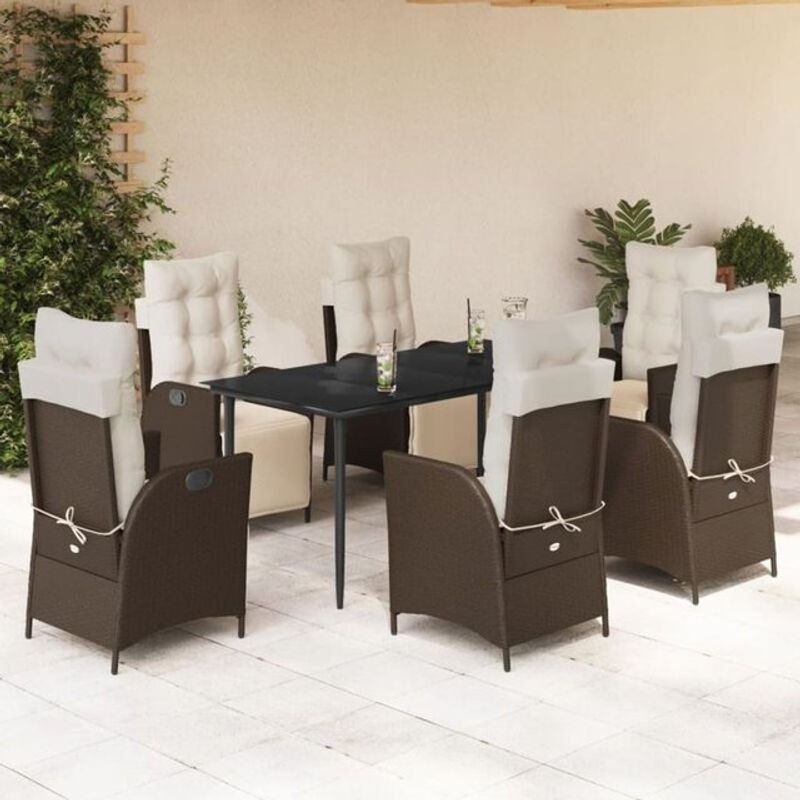 7-teilige Garten-Essgruppe aus Poly-Rattan mit Kissen in Braun von vidaxl - Bild 1