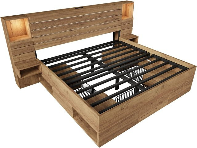 Merax Holzbett mit Stauraum und LED-Beleuchtung in Eiche, B/T/H: 180 x 200 x 100 cm - Bild 1