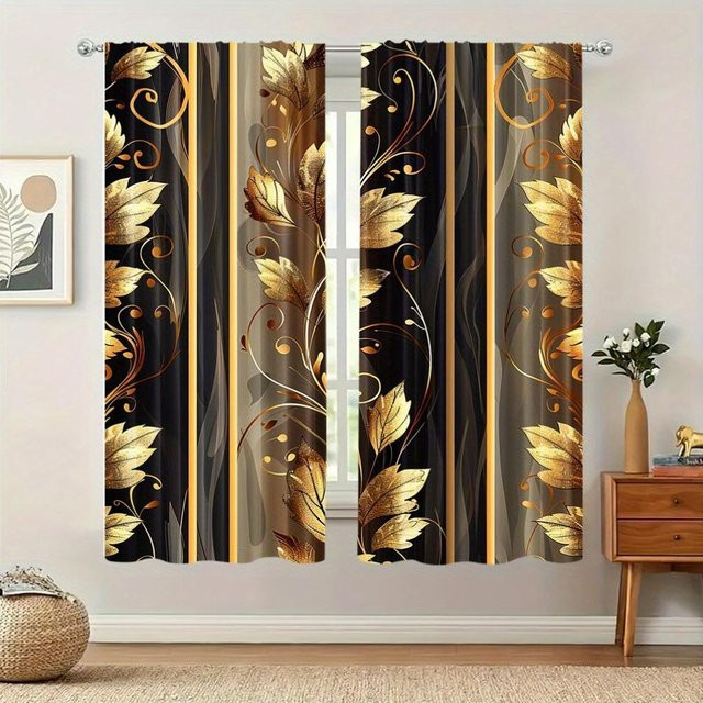 Yiran Furniture Vorhang mit Leopardenmuster und goldenen Verzierungen, semi-transparent, Schwarz-Gold, B: 100 cm, H: 130 cm - Bild 1