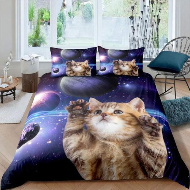 Weißes Katzen Bettwäsche-Set von Binchi Outdoor Product aus weichem Polyester für Kinder, bestehend aus Bettbezug und Kissenbezug, B/H: 135 x 200 cm - Bild 1