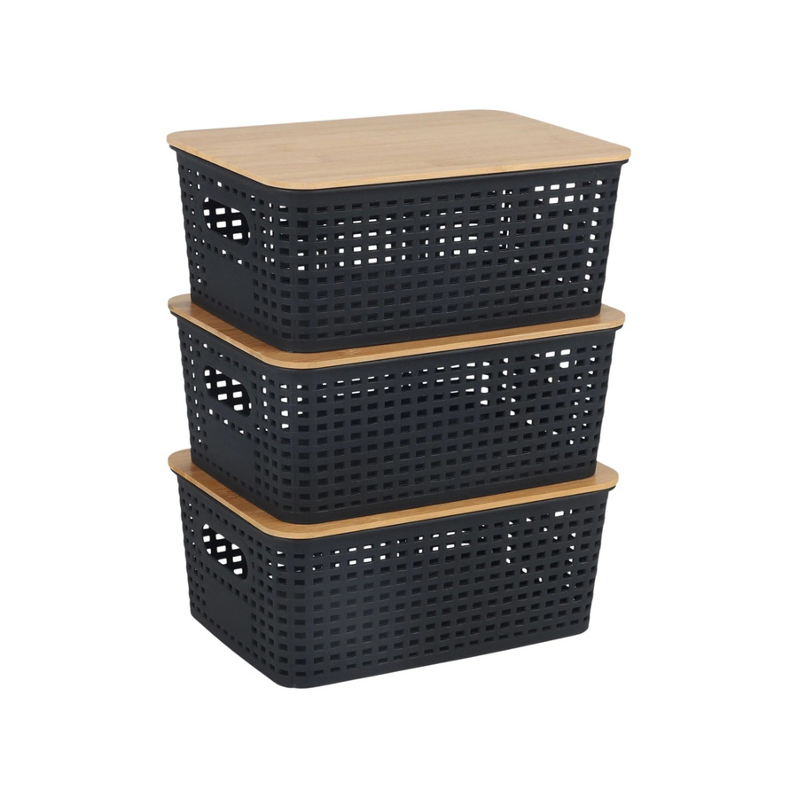 Relaxdays Aufbewahrungsbox aus Kunststoff und Bambus in Schwarz, 3er-Pack, perforiert, B/T/H: 25,5 x 10,5 x 18 cm - Bild 2
