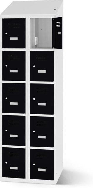 rotstahl Fächerschrank mit Ladefunktion und 10 Fächern, Korpus lichtgrau, Türen schwarz, B: 60 cm, H: 200 cm - Bild 1