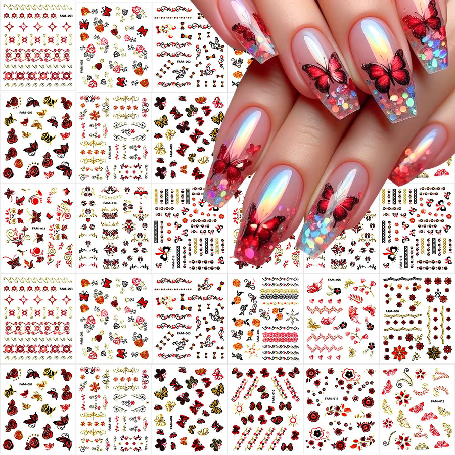 HotPress Nail Art Aufkleber, Rot Goldene 3D Designs, 30 Teile - Bild 2