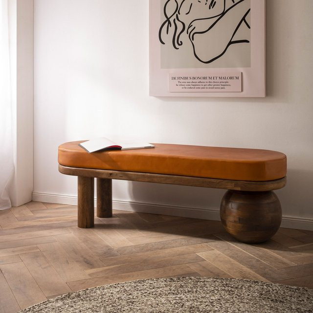 Sitzbank FineBuy aus Echtleder und Massivholz in Braun, Breite: 140 cm - Bild 1