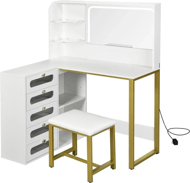 PXloue Schminktisch mit LED-Beleuchtung, Spiegel, Hocker und Schubladen in Weiß und Gold mit modernem Design - Bild 1
