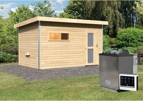 KARIBU Saunahaus Schwanenburg 3 aus Fichtenholz in Beige mit 9 kW Bio-Kombi-Ofen und externer Steuerung, B/T/H: 393 x 231 x 239 cm - Bild 1