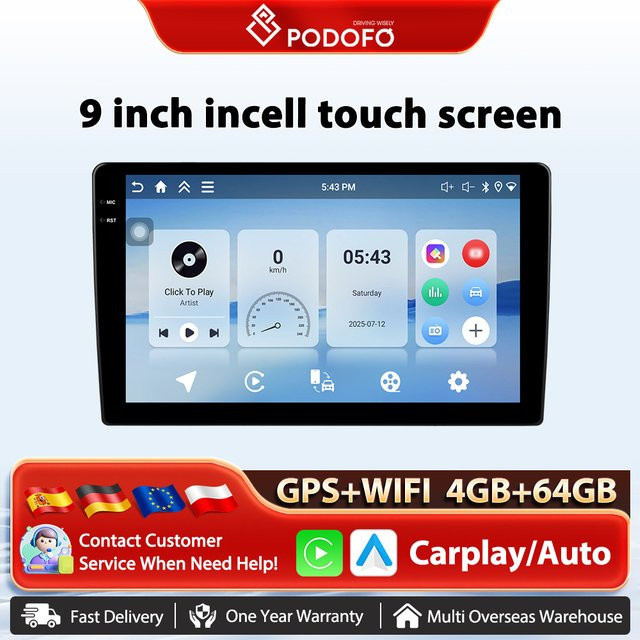 Podofo Android Auto Multimedia Player mit 4 GB RAM und 64 GB Speicher, Schwarz, mit Wireless CarPlay, WiFi, Bluetooth, GPS und DVR Funktion - Bild 1