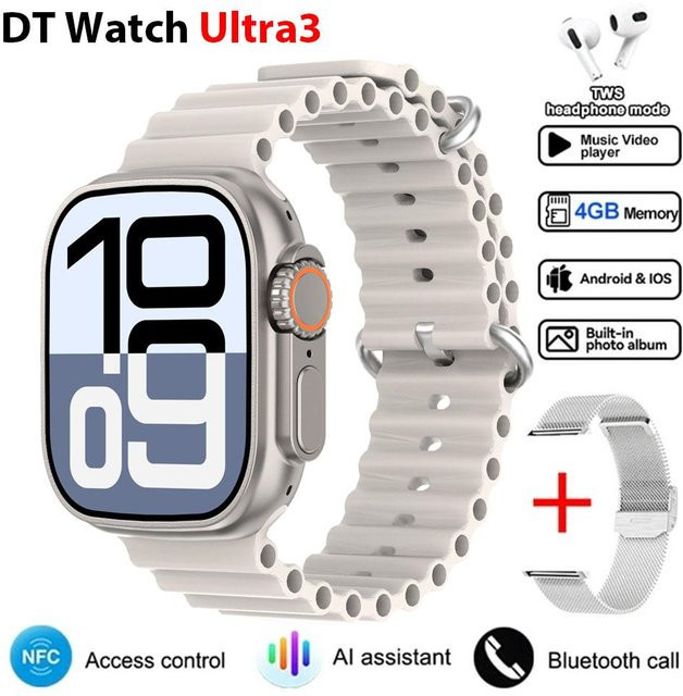 DT Ultra 3 Smartwatch mit Amoled Bildschirm, 4GB MP3 MP4 Player, Bluetooth, ChatGPT Smart AI und Mesh Tape in Silber - Bild 1