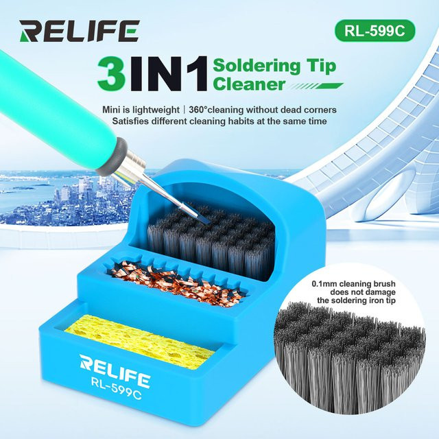 RELIFE 3in1 Lötspitzenreiniger RL-599C in Blau mit Stahlbürste, Kupferdraht und Schwamm - Bild 1