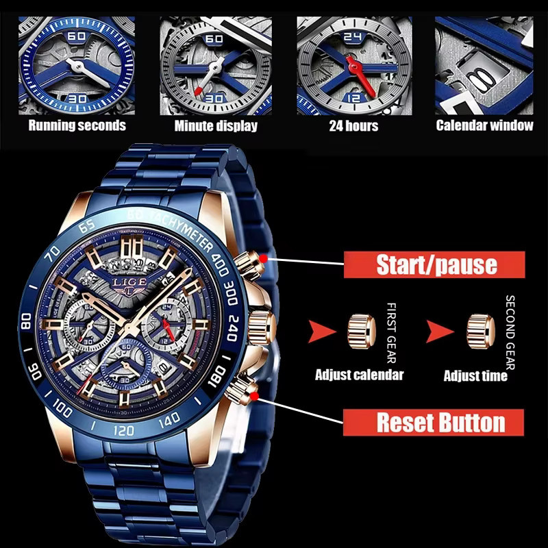 LIGE Chronograph, Quarz, Edelstahl, Blau, Herren - Bild 4