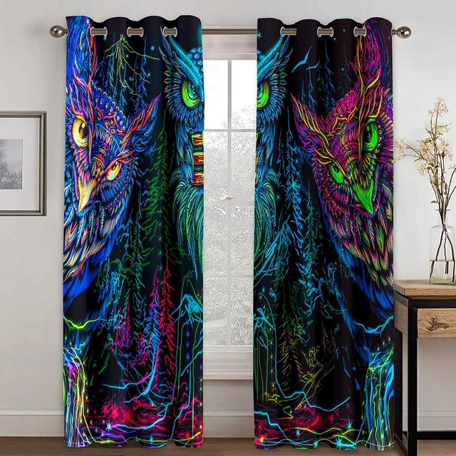 Yiran Furniture Fenstervorhänge mit 3D Digitalkunst Eule im böhmischen Design, halbtransparent, Mehrfarbig, B: 100 cm, H: 130 cm - Bild 1