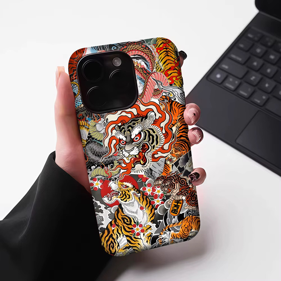 Potdemiel Magnetische Handyhülle mit Japanischer Tiger- & Drachen-Collage für iPhone 17 16 15 14 13 Pro Max Plus, Mehrfarbig, Robuste Einzel- & Doppelschicht-Hülle - Bild 6