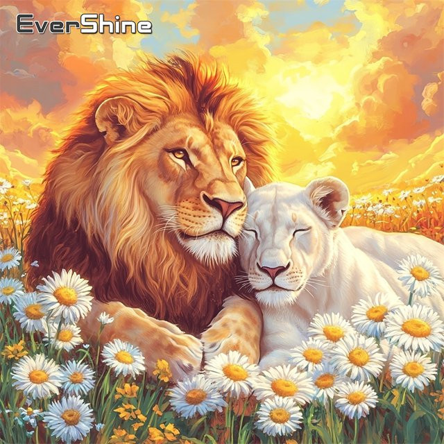 EverShine Diamant-Stickerei Löwe mit Gänseblümchen als quadratisches Mosaikbild in Multicolour zur Wanddekoration - Bild 1