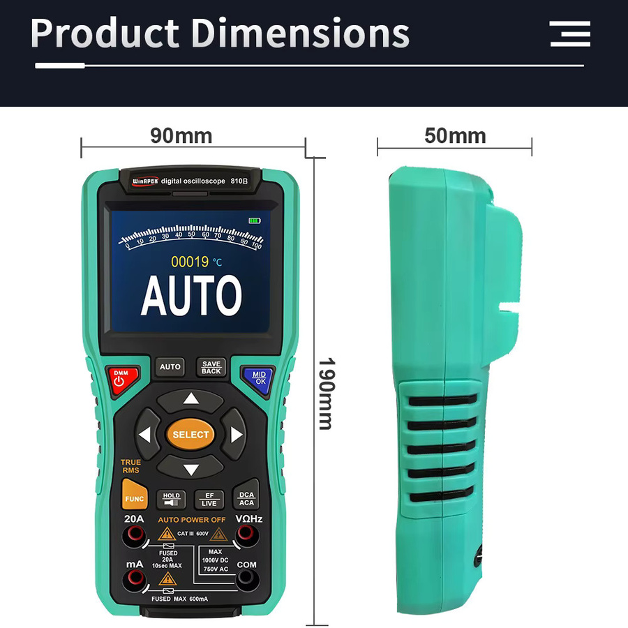 WinAPEX Tragbares Oszilloskop 10 MHz 50 MSa/s mit AC DC Voltmeter und Amperemeter, 9999 Zählender Smart Multimeter bis 400 V - Bild 5