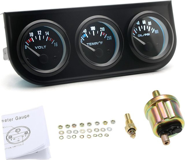VehicleKit 3-in-1 Automessgerät als Voltmeter, Wassermessgerät und Ölpressmessgerät in Schwarz mit 52 mm Display - Bild 1