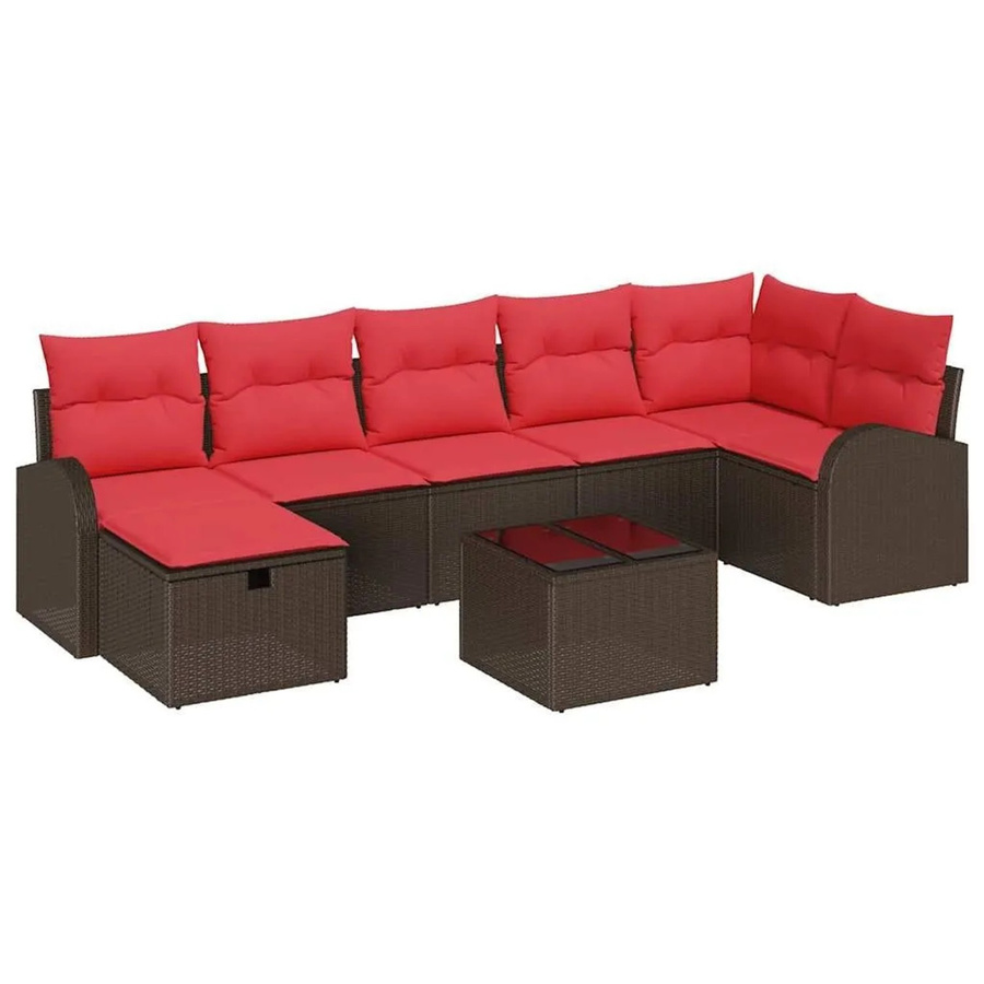 vidaXL L-Shape Sofa Set aus Poly-Rattan in Braun und Rot mit 8 Kissen und Tisch - Bild 2