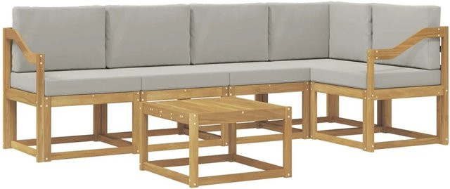 vidaXL Outdoor-Sofagarnitur 6-teilig in L-Form aus massivem Akazienholz mit Polstern in Weiß und Hellgrau - Bild 1