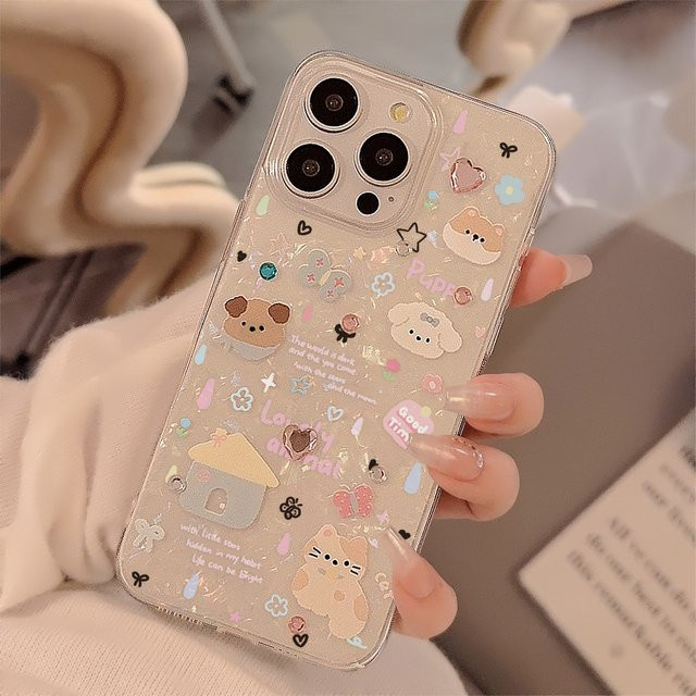 MUQGEW Handyhülle mit Cartoon-Welpen und Shell-Muster für iPhone 11 bis 16 Pro Max, transparent, stoßfeste 3D-Diamant-Abdeckung - Bild 1