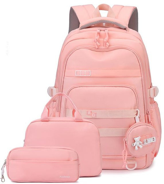 3er Set Schulranzen für Mädchen von Fancy Style Studio inklusive Brotdose und Federmäppchen in Pink - Bild 1