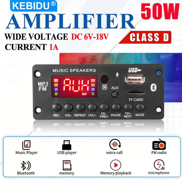 KEBIDU 50W Bluetooth MP3 WAV Decoder Board mit Stereo Verstärker, USB-A, TF und FM für Heim-MP3-Player oder Autoradio, Schwarz - Bild 1