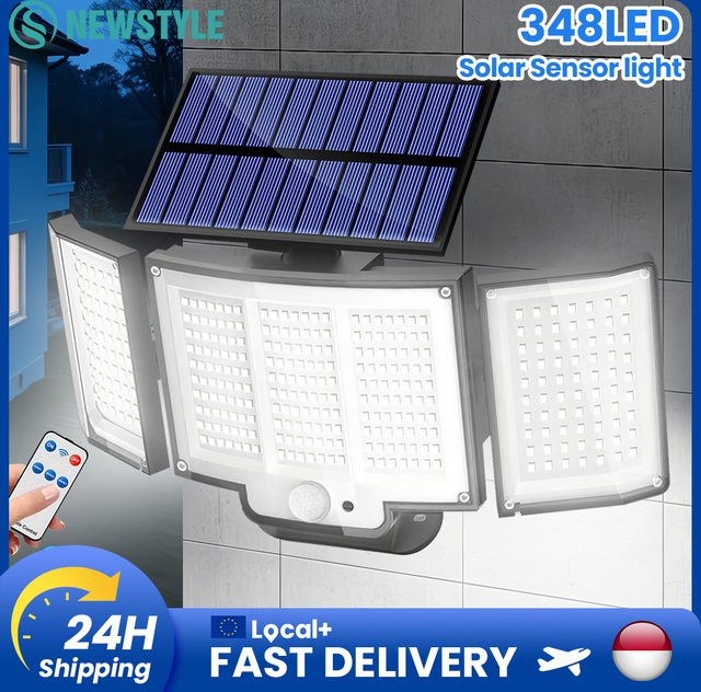 Solar-Außenleuchten mit 348 LED und Bewegungssensor, IP65 wasserdicht, weiße Sicherheitsleuchten mit Fernbedienung und 2400mAh Akku, verstellbare 3-Kopf-Flutlichtleuchten für den Garten - Bild 1