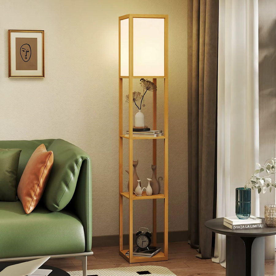 HOMCOM Stehlampe mit Regalen in Rotbuche, Stehleuchte mit Acryl-Lampenschirm und E27 Fassung, Standlampe für Wohnzimmer, Schlafzimmer oder Büro, Höhe: 160 cm, Breite: 26 cm, Tiefe: 26 cm - Bild 5