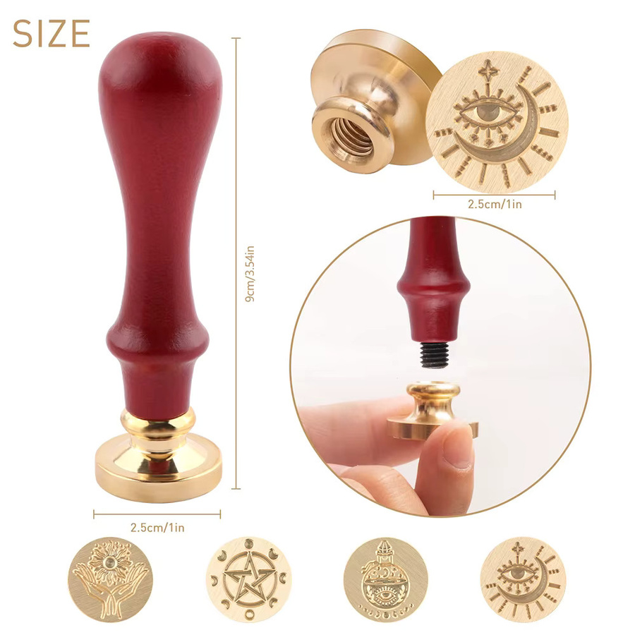 Wachssiegel-Stempelset mit Vintage Triple Moon Pentagramm, Mondphasen und Sonnenflaschenmuster aus Holz - Bild 2