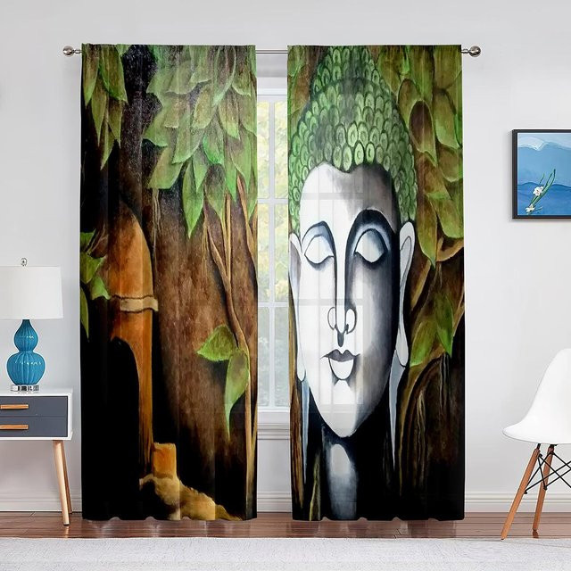 Yiran Furniture Transparenter Tüll-Voile-Vorhang mit Buddha-Motiv, Multicolour, B: 50 cm, H: 130 cm, 2 Stück inklusive Haken - Bild 1