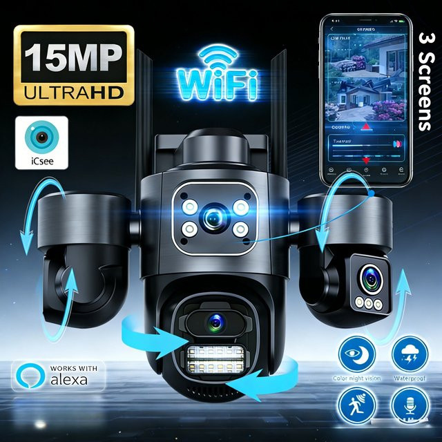 DiFang 15MP WLAN IP-Sicherheitskamera mit 3-Linsen-System, wasserdichte CCTV-Außenkamera mit automatischer Verfolgung, 2-Wege-Audio und iCsee Alexa-Kompatibilität, Schwarz - Bild 1