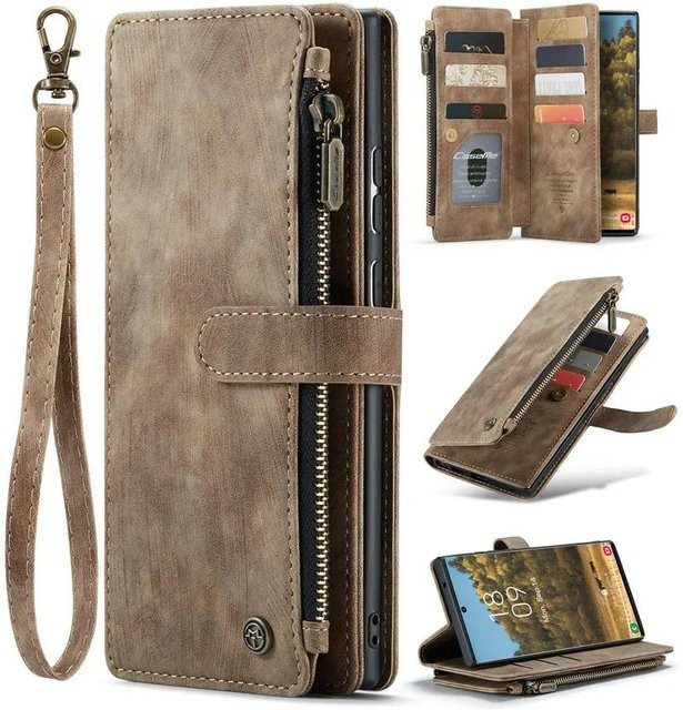 Leder Portemonnaie Handy Hülle mit Reißverschluss und Klappständer für Samsung Galaxy S26 Plus S25 Ultra S24 FE S23 S22 S21 S20 in Schwarz, Rot, Blau oder Braun - Bild 1